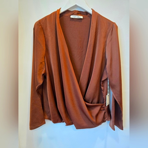 DEX Elegant Brown Wrap Top Long Sleeve Ruched Size XL X - Picture 2 of 9